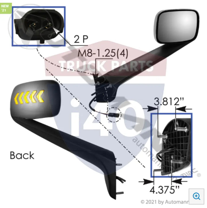 Automann 563.46092DCY Hood Mount Mirror RH Chrome Freightliner - Hood Mount Mirror RH Chrome Freightliner