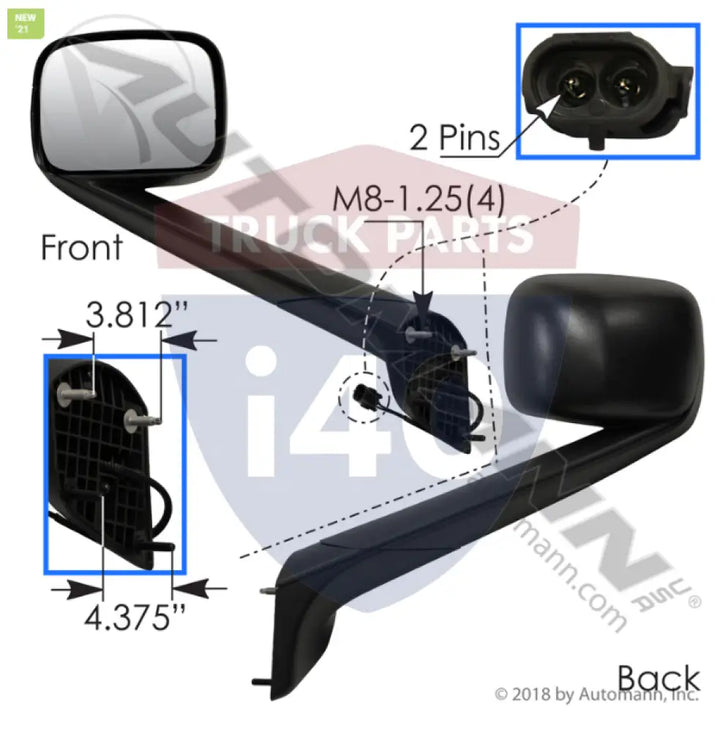 A2273566000 Hood Mount Mirror LH Black For Freightliner - Hood Mount Mirror LH Black Freightliner