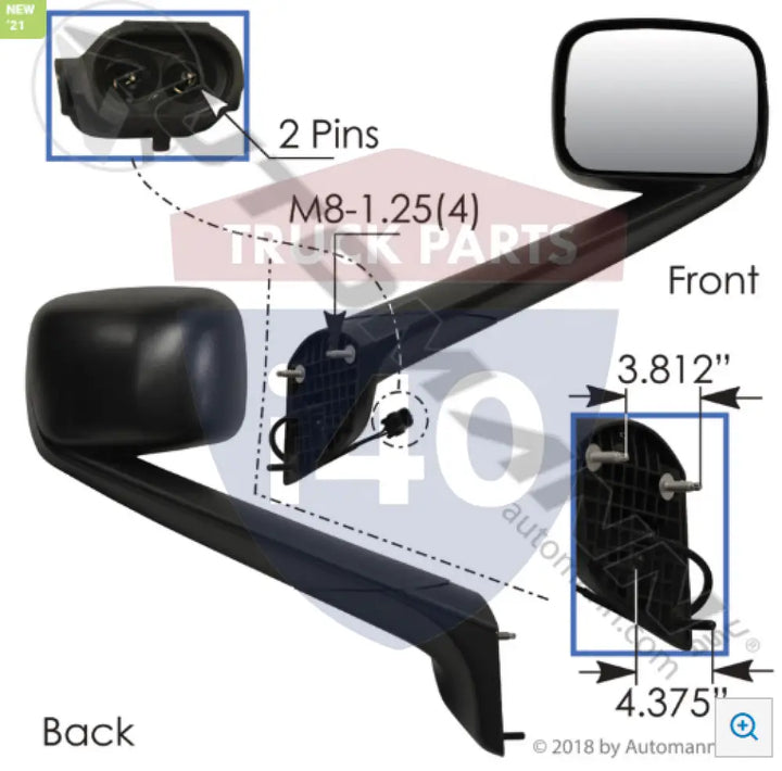 A2273566001 Hood Mount Mirror RH Black For Freightliner - Hood Mount Mirror RH Black Freightliner