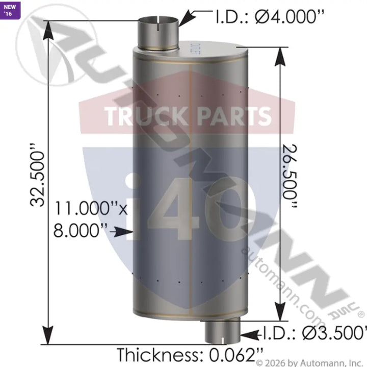 Automann 562.U6354825115 Muffler 3.5in Inlet 4in Outlet Oval Body - Muffler 3.5in Inlet 4in Outlet Oval Body