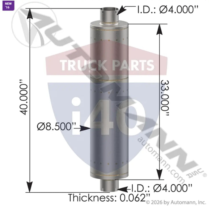 Automann 562.U6485 Muffler 4in Inlet/Outlet 8.5in Body - Muffler 4in Inlet/Outlet 8.5in Body