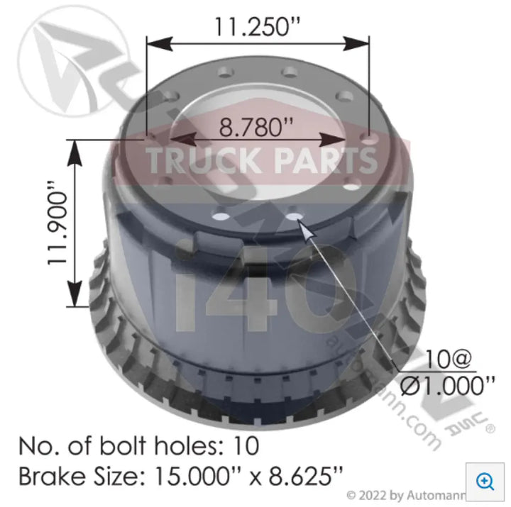 Automann 151.58601BATR Brake Drum 15.000in 8.625in - Brake Dia.-15.000