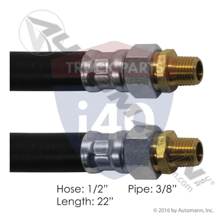 E858422-BK Air Hose Assy 1/2in 3/8in Swivels-22in For Euclid - Dual 3/8’’ NPT Swivel Ends