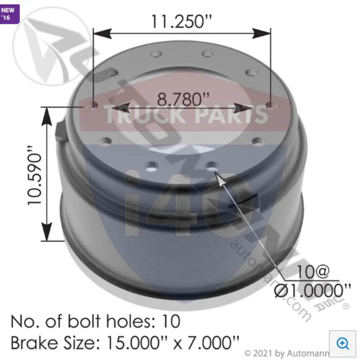 Automann 151.5703 Brake Drum 15.000in 7.000in - Brake Dia.-15.000