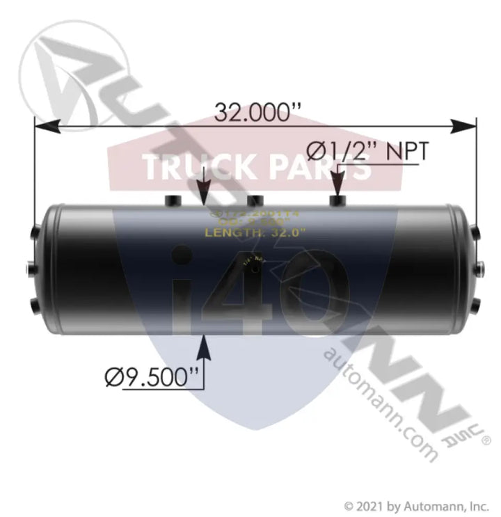 2001T4 Air Tank 1600 Cubic In Vol 9.500in Dia For Tectran - Diameter - 9.5 in.