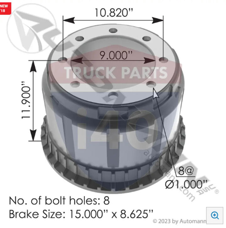 61999B Brake Drum 15.000in 8.625in For Eaton For Webb - Brake Dia.-15.000