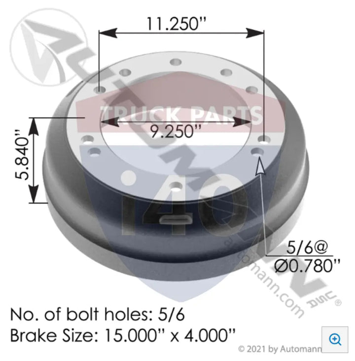 122104 Brake Drum 15.000in 4.000in For Meritor - Brake Dia.-15.000