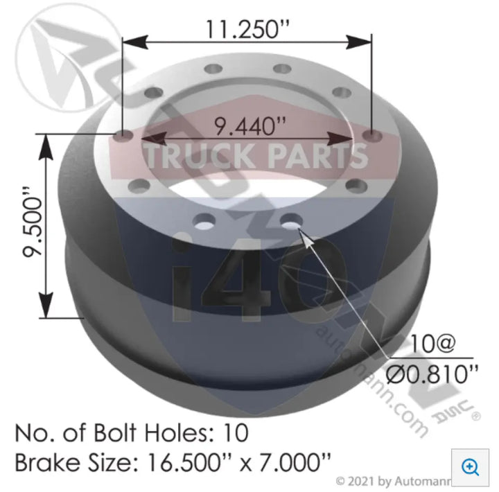 Automann 151.6703TR Brake Drum 16.500in 7.000in - Brake Dia.-16.500