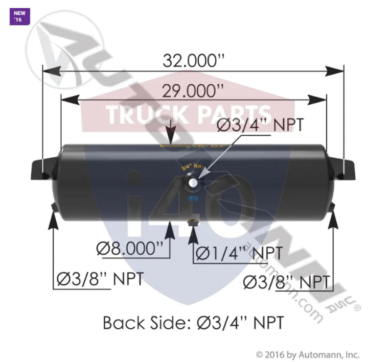 2000TH Air Tank 1425 Cubic in Vol 8.000in Dia For Tectran - Diameter - 8 in.