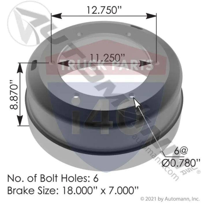 61854F Brake Drum 18.000in 7.000in For Webb - Brake Dia.-18.000