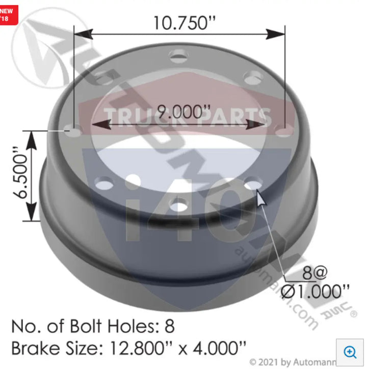 Automann 151.3401BA Brake Drum 325MM 100MM - Brake Dia.-12.800