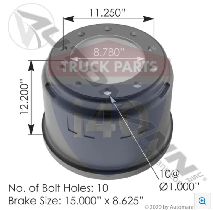Automann 151.58602TR Brake Drum 15.000in 8.625in - Brake Dia.-15.000