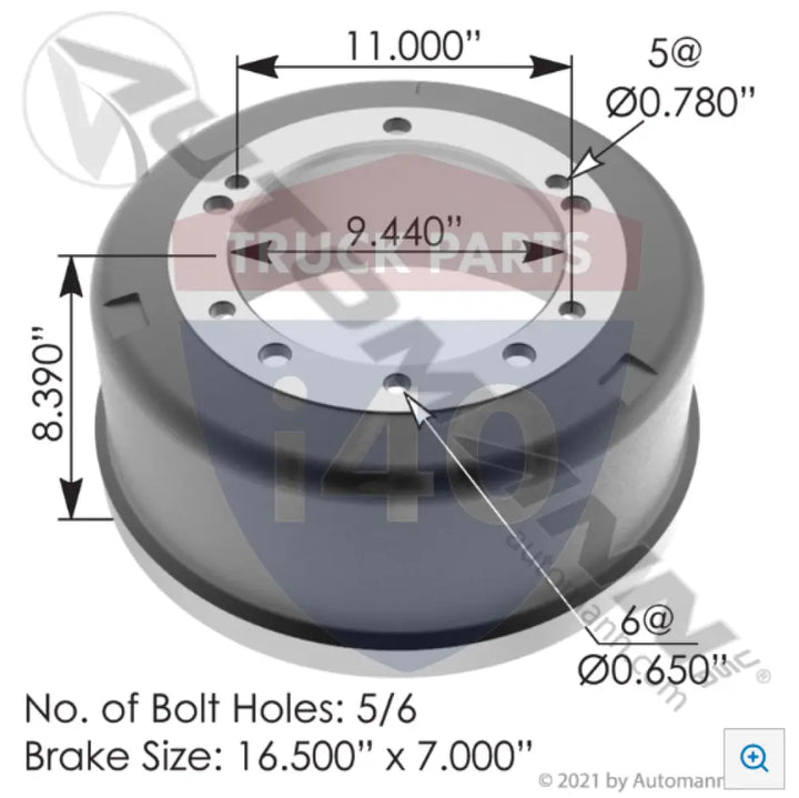 Automann 151.6704 Brake Drum 16.500in 7.000in - Brake Dia.-16.500