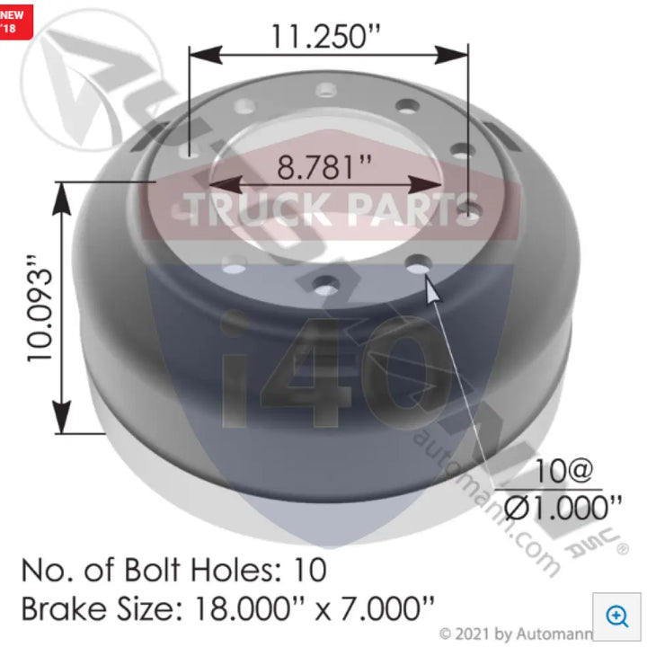Automann 151.8706BA Brake Drum 18.000in 7.000in - Brake Dia.-18.000