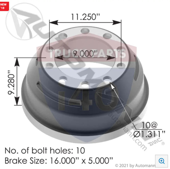 65651B Brake Drum 16.500in 5.000in For Webb - Brake Dia.-16.500