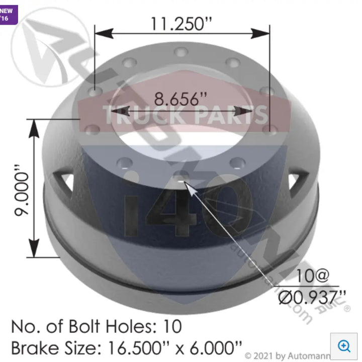 2501597C1 Brake Drum 16.500in 6.000in For IHC - Brake Dia.-16.500