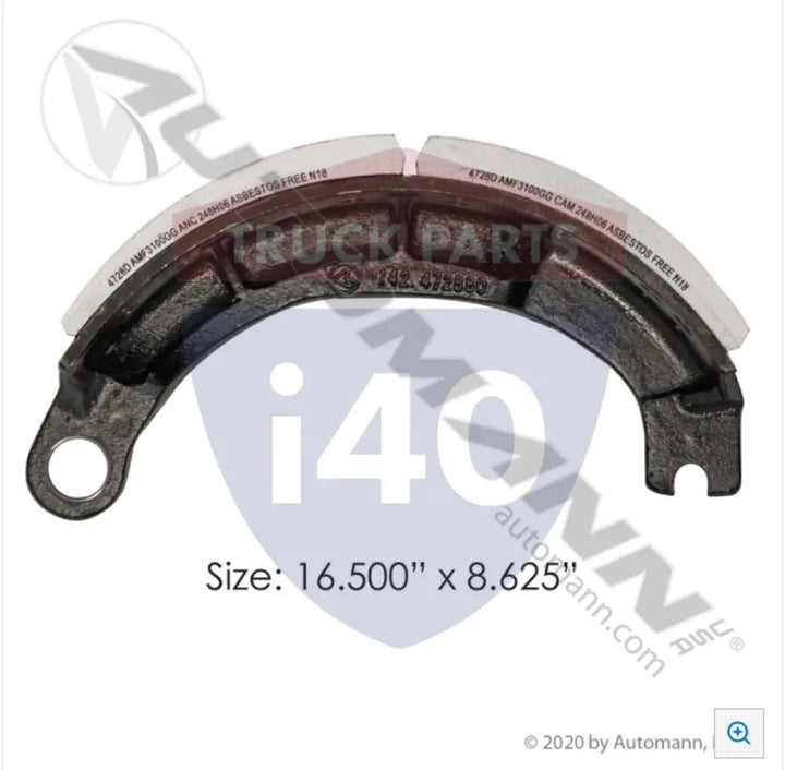 Automann 143.472880.31 Lined Brake Shoe 16.500in 8.625in - 25K Lb GAWR