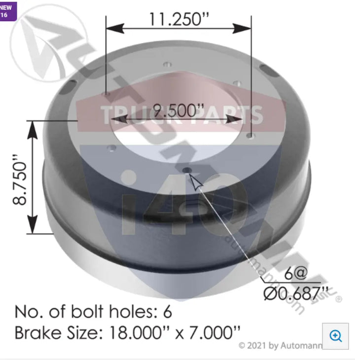 Automann 151.8705 Brake Drum 18.000in 7.000in - Brake Dia.-18.000