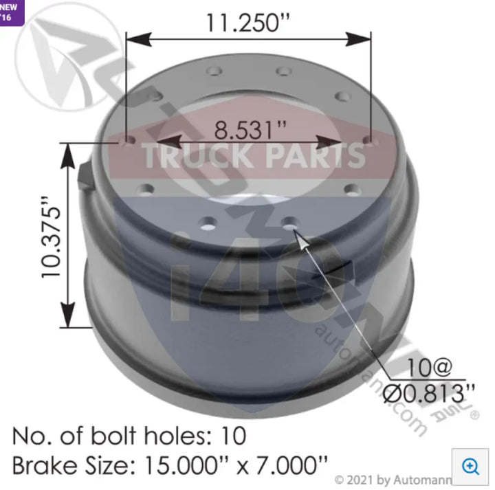 3219 Brake Drum 15.000in 7.000in For Gunite - Brake Dia.-15.000