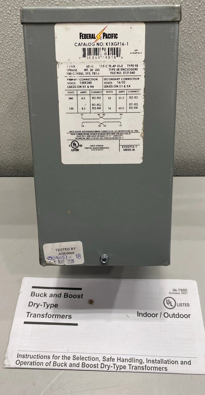 Federal Pacific 1 Phase 120x240 Volts Primary Buck Boost Transformer K1XGF16