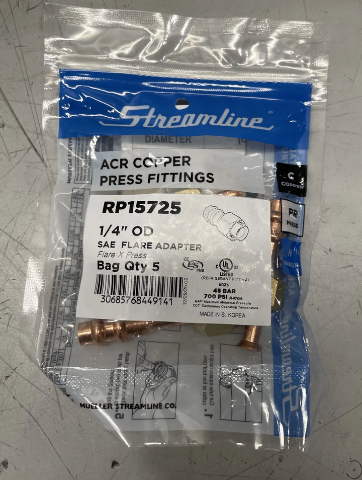 Streamline ACR 1/4" Copper Press Flare Adapter RP15725 (Bag Of 5)