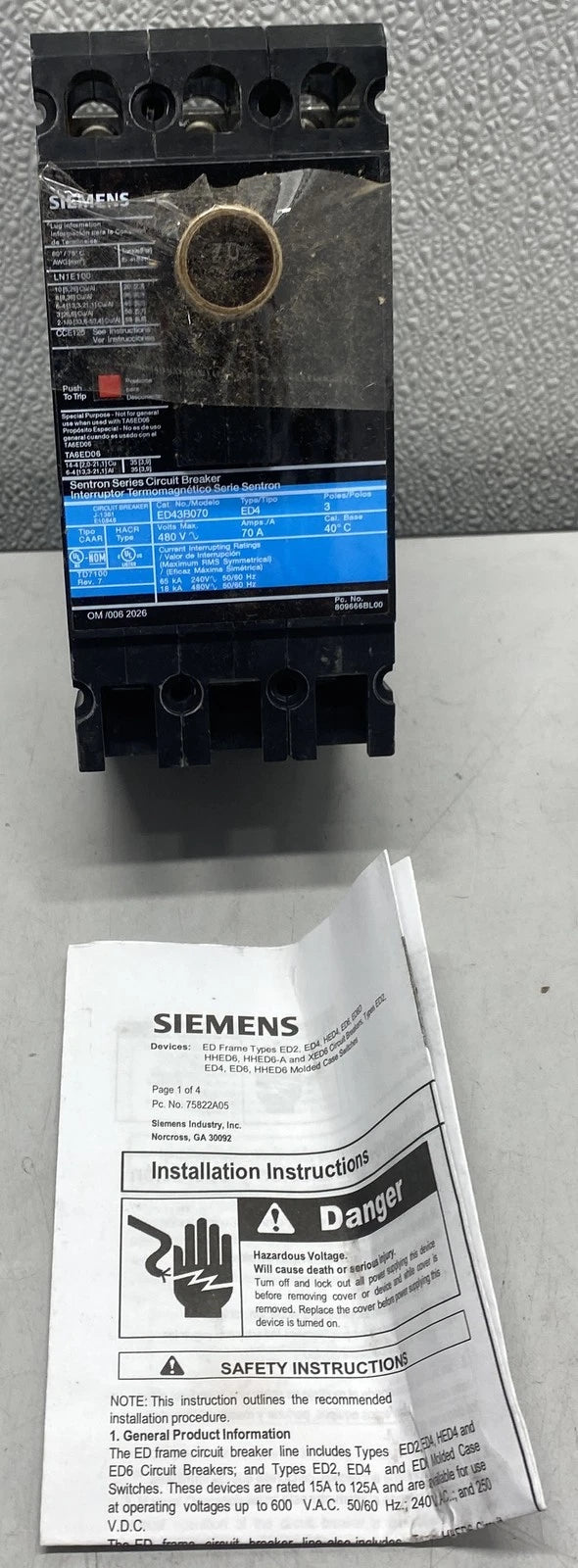 Siemens Molded Case Circuit Breaker ED43B070L