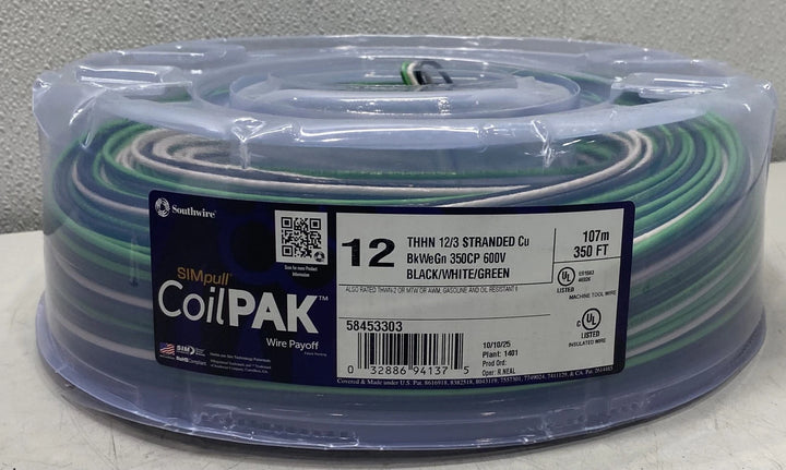 Southwire 58453303 THHN Stranded Copper (BLACK, WHITE, GREEN) 350FT 600V