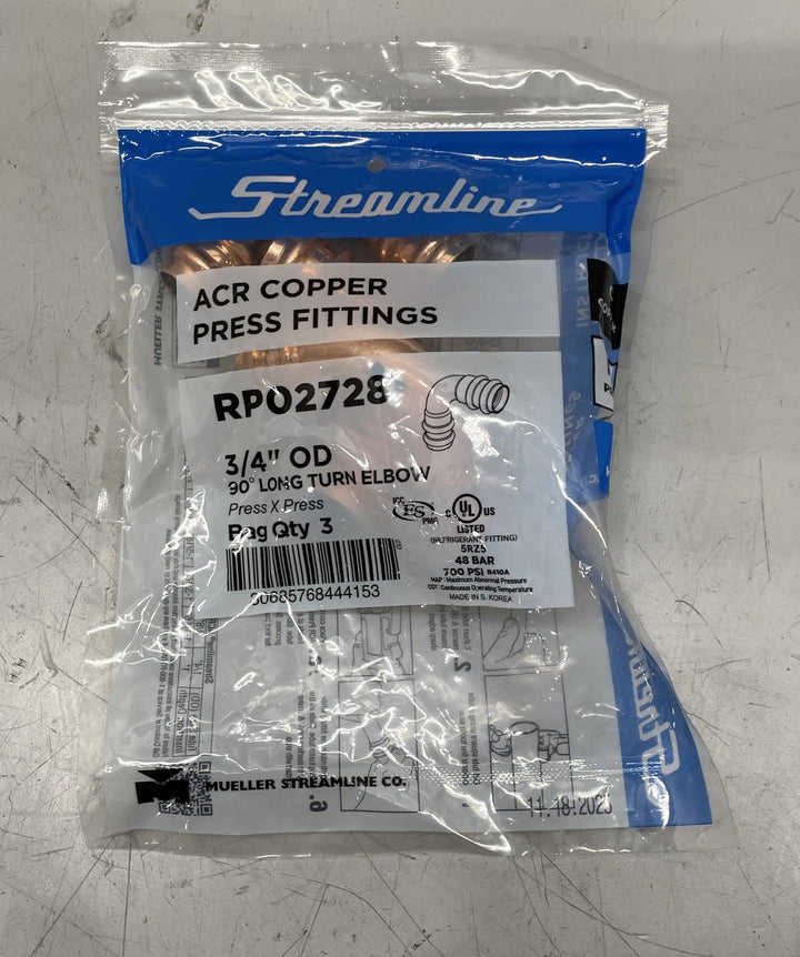 Streamline ACR 3/4" Long Turn Elbow Copper Press Fittings (Bag of 3) RP02728