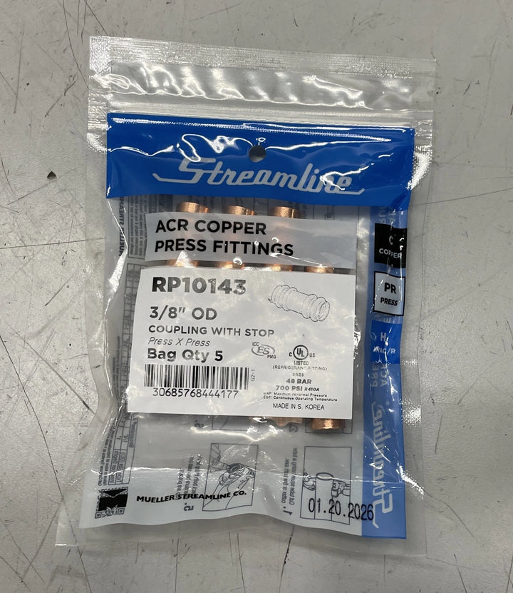 Streamline ACR Copper Press Fittings 3/8" OD Coupling W/ Stop Bag of 5 RP10143