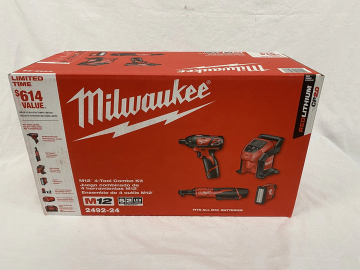 Milwaukee M12 Cordless 4-Tool Combo Kit Screwdriver Ratchet Inflator 2492-24