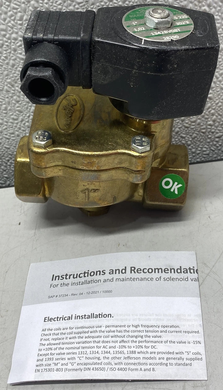 Jefferson Valves 1 in. Brass General Purpose 2-Way Solenoid Valve 1342BV08T