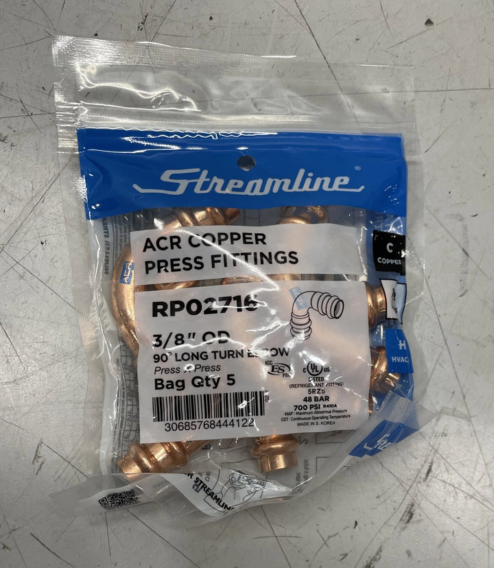Streamline ACR 3/8" Long Turn Elbow Copper Press Fittings (Bag of 5) RP02716
