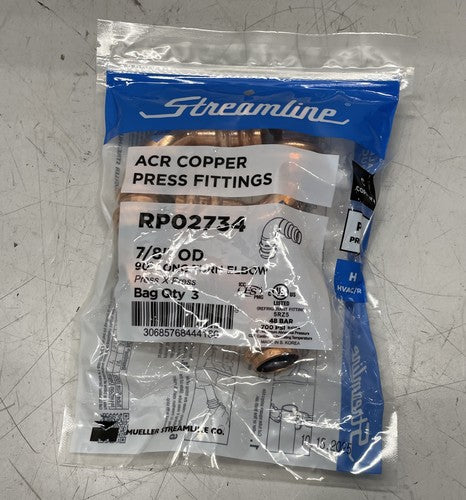 Streamline ACR 7/8" Long Turn Elbow Copper Press Fittings (Bag of 3) RP02734